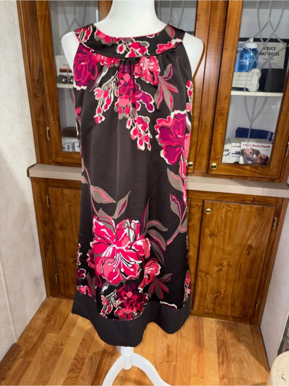 Women’s Floral A-Line Midi dress- Black with Pink Floral Print
